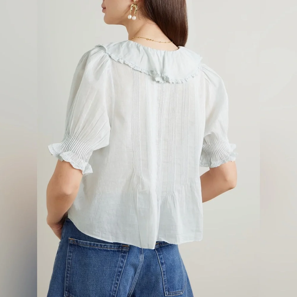Doen NWT Medium Henri Ruffle Cotton Blouse in Alice Blue - Picture 5 of 14